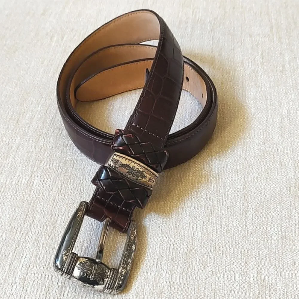 Brighton Croc Embossed Brown Leather Belt Silver Tone Buckle Size L